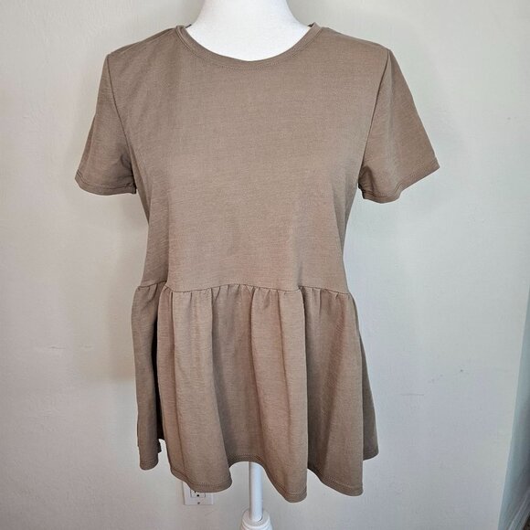 ZARA Light Brown Short Sleeve Flowy Baby Doll Peplum Top Size Medium - Picture 1 of 7